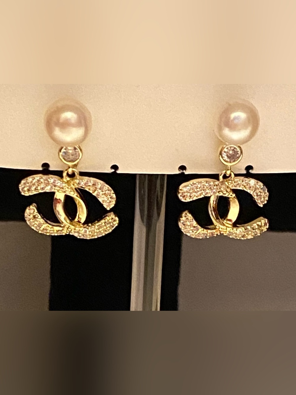 Fashion Jewelry 14K Gold- Plated Crystal Logo Drop Earrings with Pearl Stud